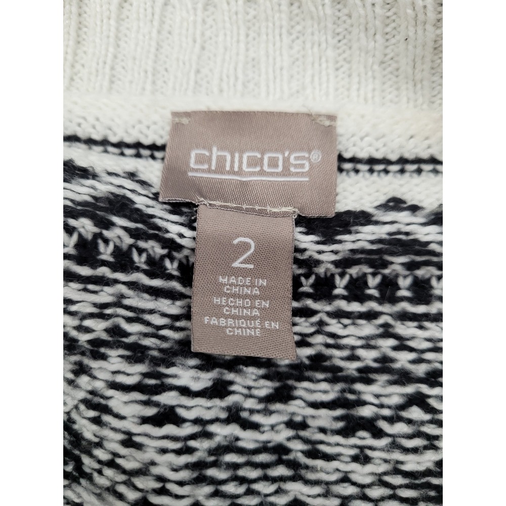 Chico's Cardigan Women Size Large White Black Open Front Fair Isle Pointelle - Picture 7 of 8